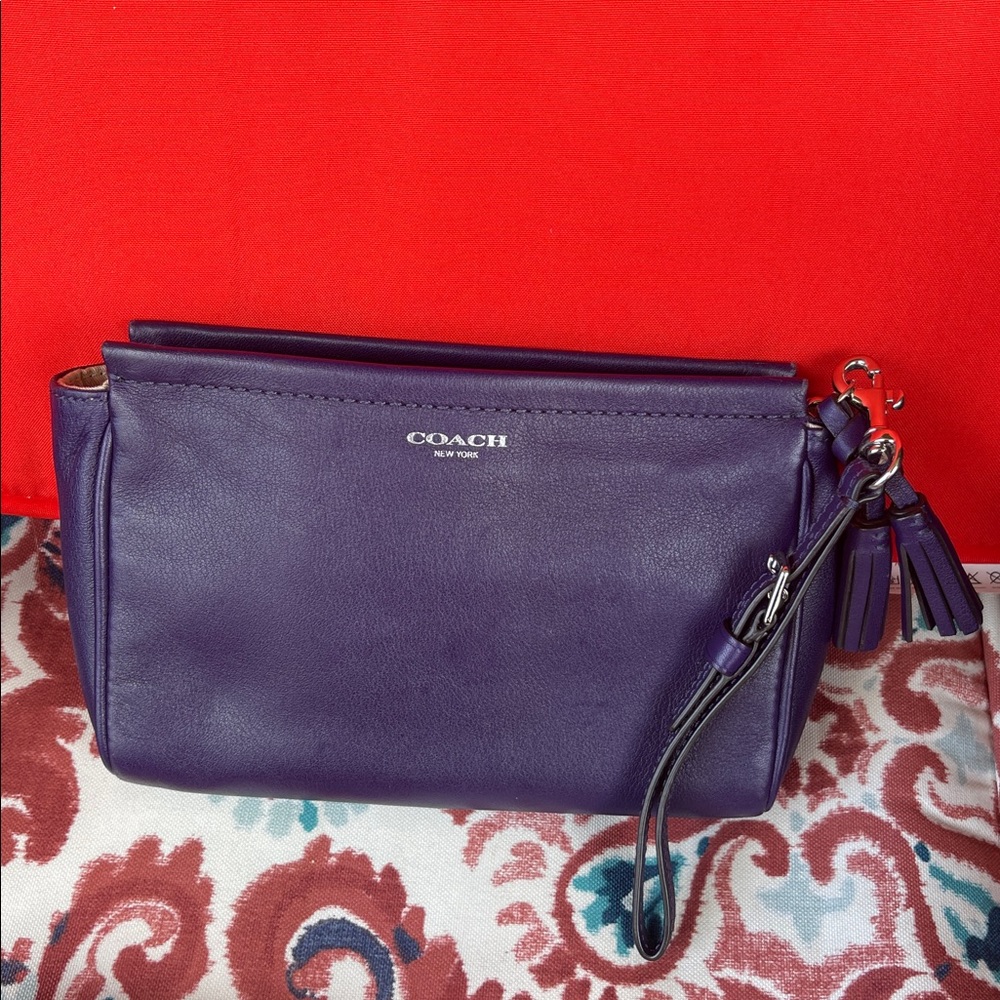 Coach Rare oversized Purple Leather Wristlet w tassles 8.5 x 5.5  x 2"